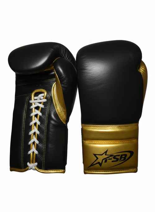 Black & Gold Custom Japanese-Style Boxing Gloves — Handmade Lace-Up | FiveStarBoxing