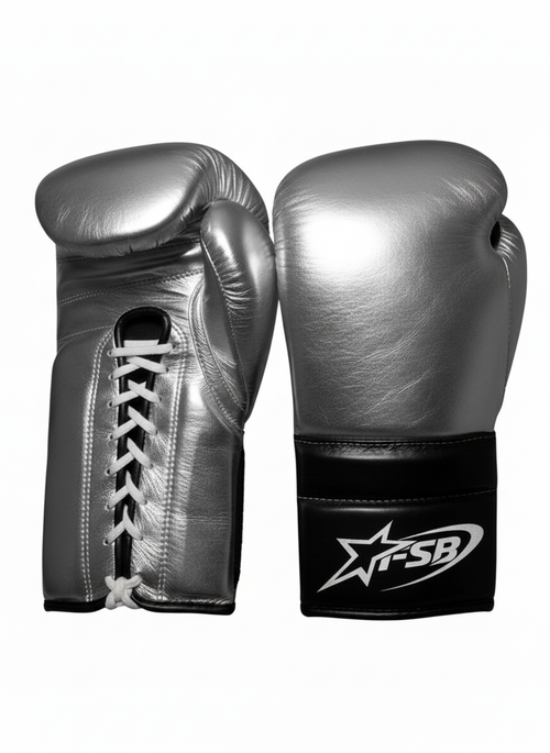 Silver & Black Custom Japanese-Style Boxing Gloves — Handmade Lace-Up | FiveStarBoxing