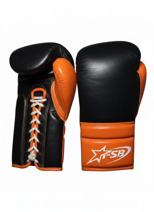 Black & Orange Custom Japanese-Style Boxing Gloves — Handmade Lace-Up | FiveStarBoxing