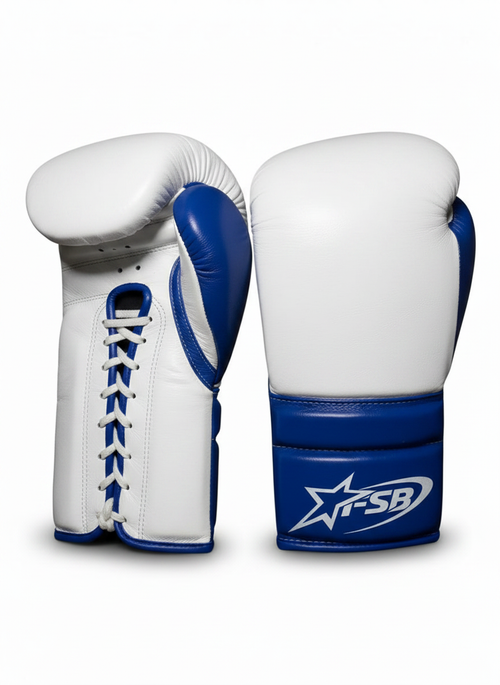 White & Blue Custom Japanese-Style Boxing Gloves — Handmade Lace-Up | FiveStarBoxing
