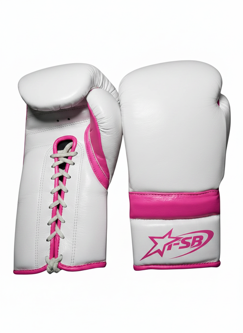 White & Pink Custom Japanese-Style Boxing Gloves — Handmade Lace-Up | FiveStarBoxing