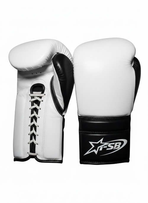 White & Black Custom Japanese-Style Boxing Gloves — Handmade Lace-Up | FiveStarBoxing