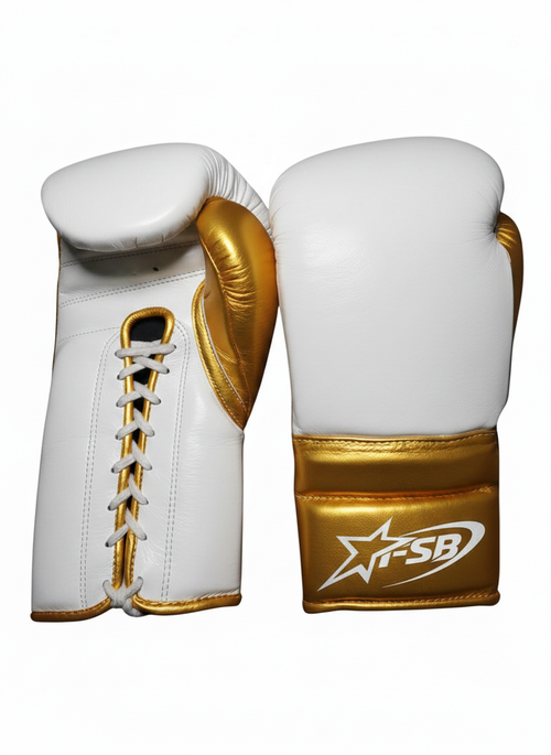 White & Gold Custom Japanese-Style Boxing Gloves — Handmade Lace-Up | FiveStarBoxing