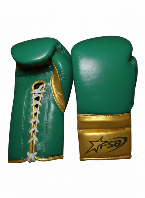 Green & Gold Custom Japanese-Style Boxing Gloves — Handmade Lace-Up | FiveStarBoxing