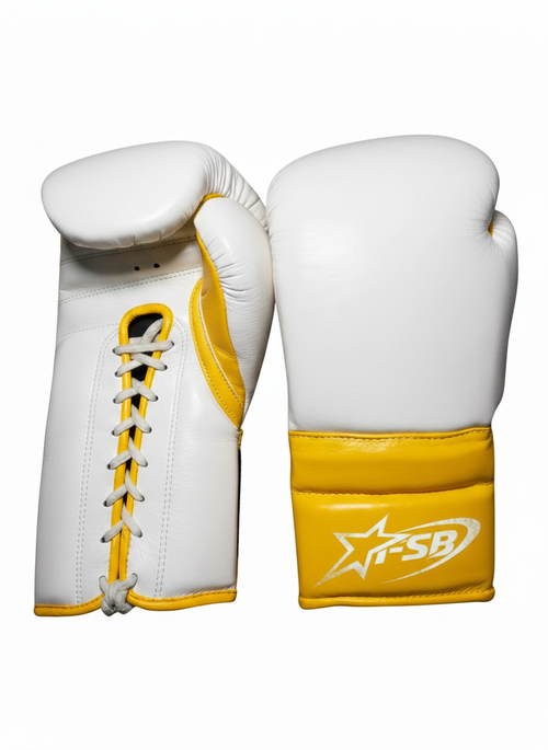 White & Yellow Custom Japanese-Style Boxing Gloves — Handmade Lace-Up | FiveStarBoxing