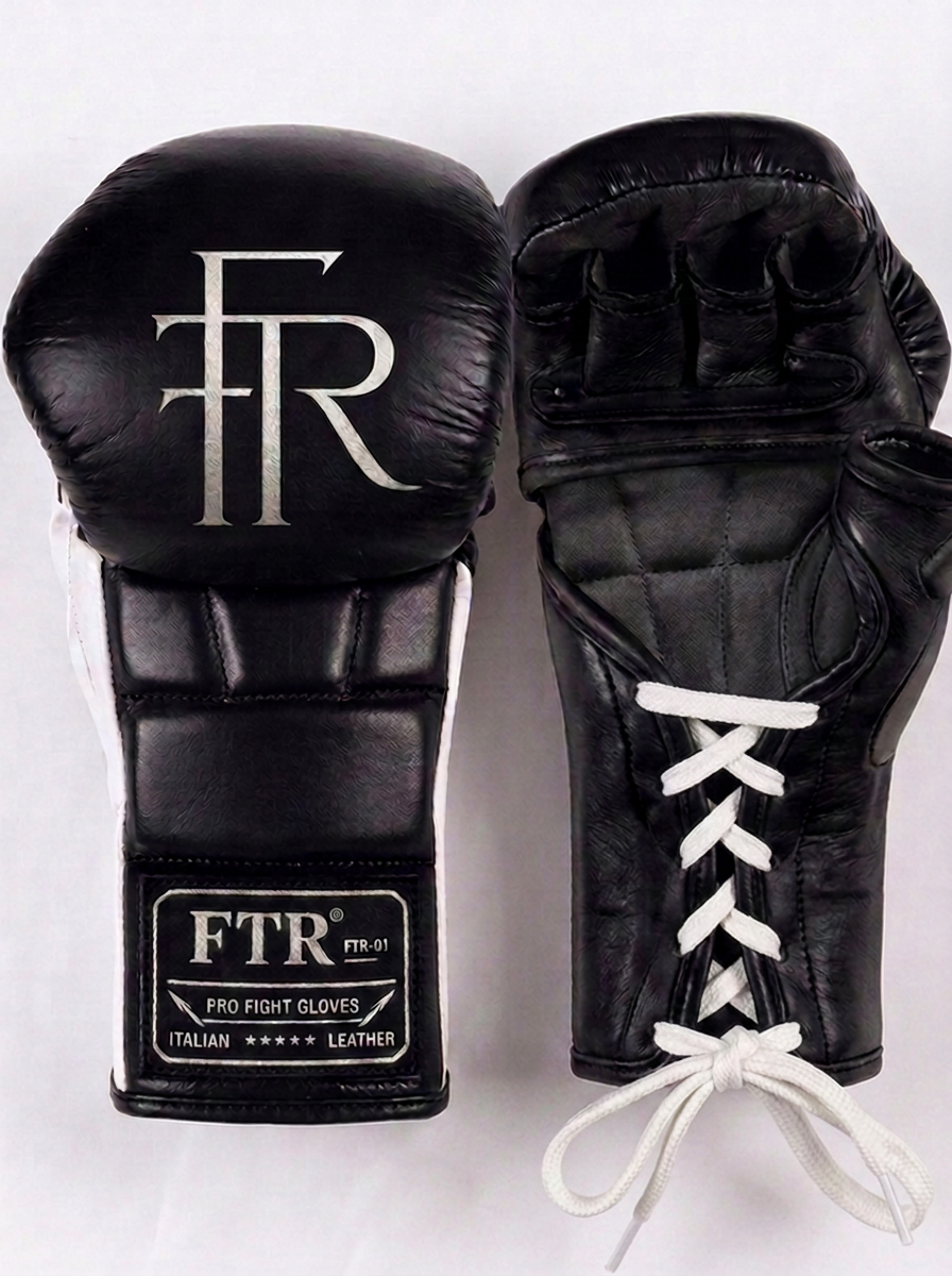 FTR-01 lace-up MMA gloves in Italian leather, pair shown side by side